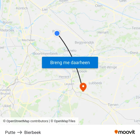 Putte to Bierbeek map