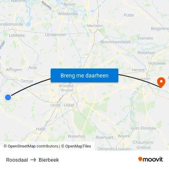 Roosdaal to Bierbeek map