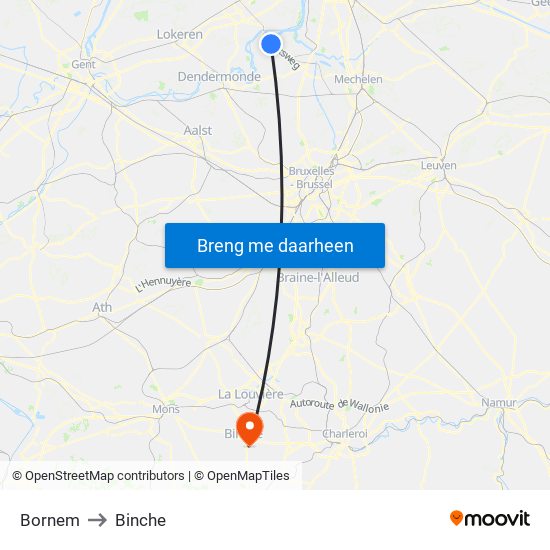 Bornem to Binche map