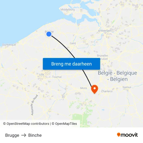 Brugge to Binche map