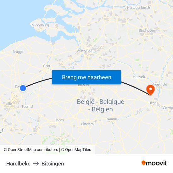 Harelbeke to Bitsingen map