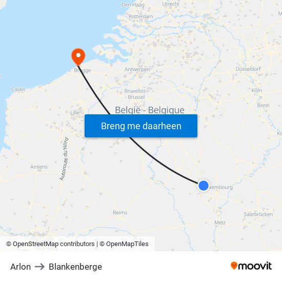 Arlon to Blankenberge map