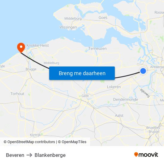 Beveren to Blankenberge map