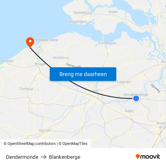 Dendermonde to Blankenberge map