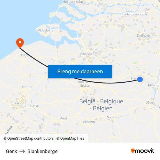 Genk to Blankenberge map