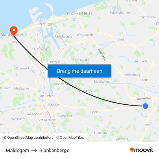 Maldegem to Blankenberge map