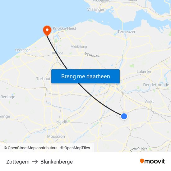 Zottegem to Blankenberge map