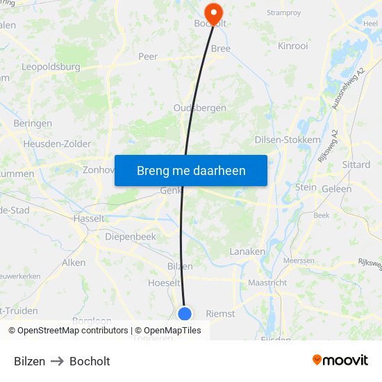 Bilzen to Bocholt map