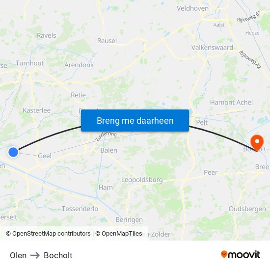 Olen to Bocholt map