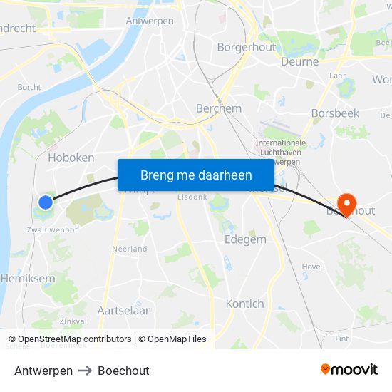 Antwerpen to Boechout map