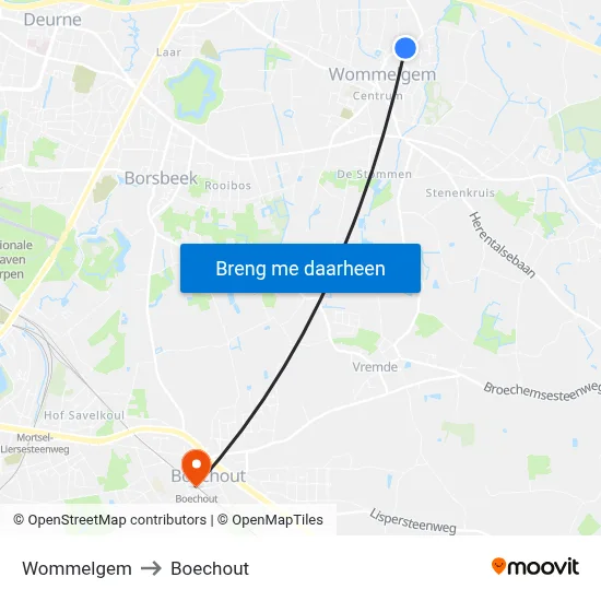 Wommelgem to Boechout map