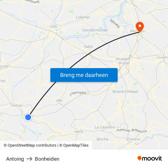 Antoing to Bonheiden map