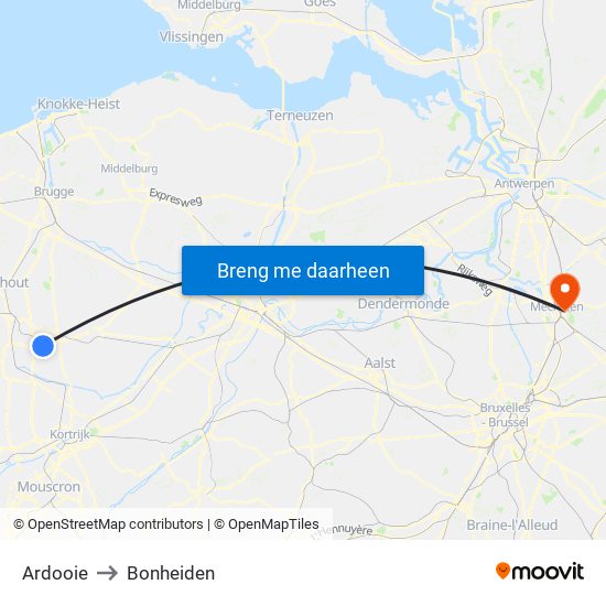 Ardooie to Bonheiden map