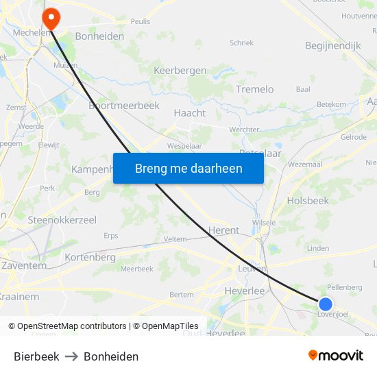 Bierbeek to Bonheiden map