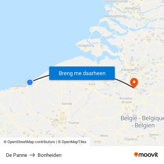 De Panne to Bonheiden map