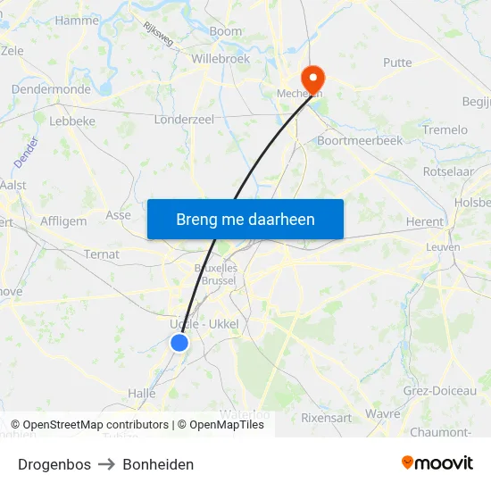 Drogenbos to Bonheiden map
