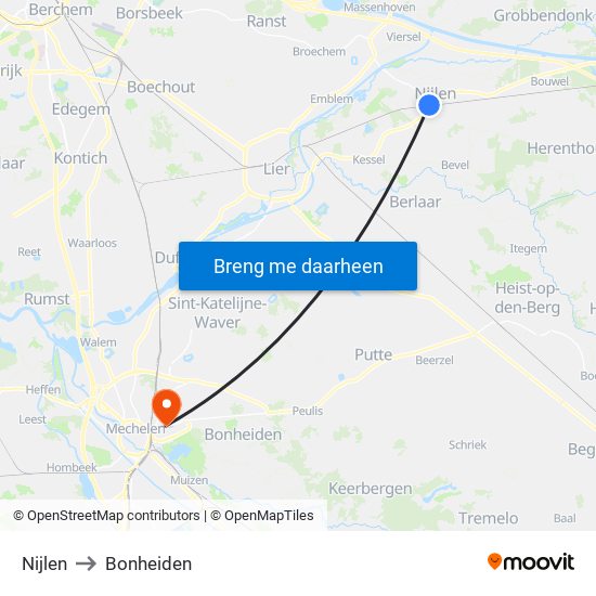Nijlen to Bonheiden map