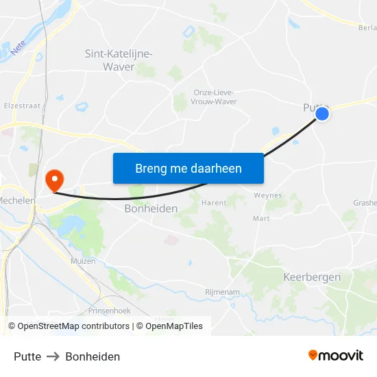 Putte to Bonheiden map