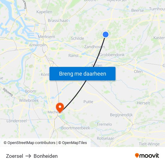 Zoersel to Bonheiden map