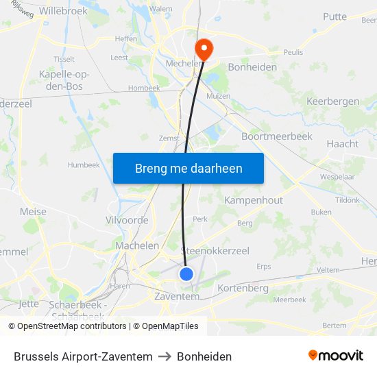 Brussels Airport-Zaventem to Bonheiden map