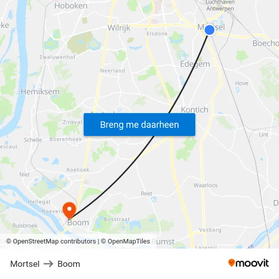 Mortsel to Boom map