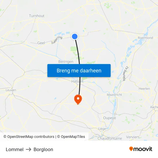 Lommel to Borgloon map