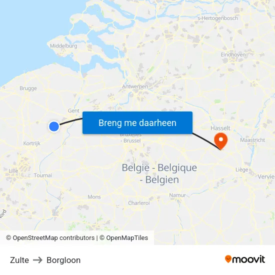 Zulte to Borgloon map
