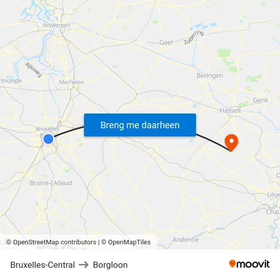 Bruxelles-Central to Borgloon map