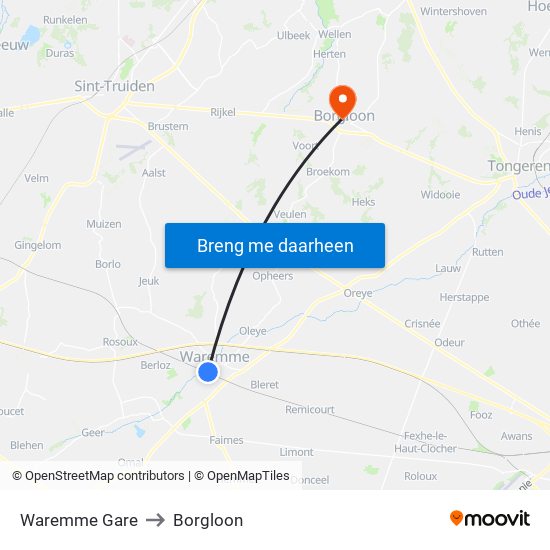 Waremme Gare to Borgloon map