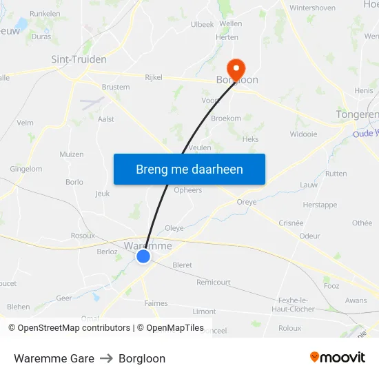 Waremme Gare to Borgloon map
