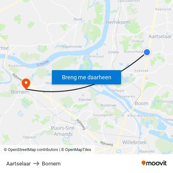 Aartselaar to Bornem map