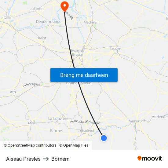 Aiseau-Presles to Bornem map