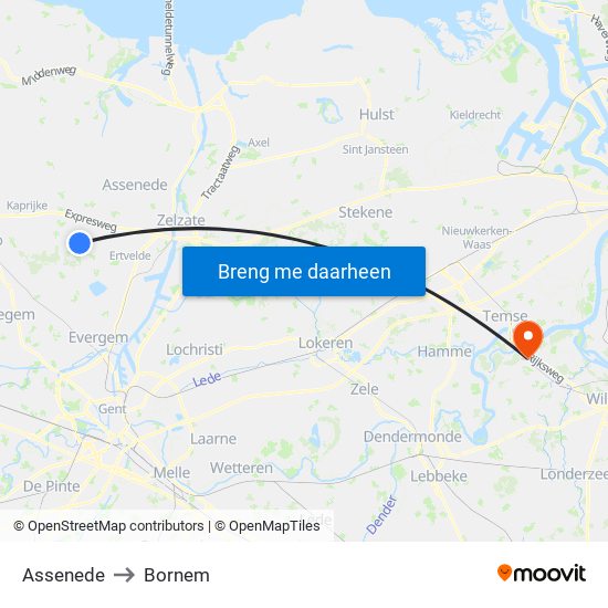 Assenede to Bornem map