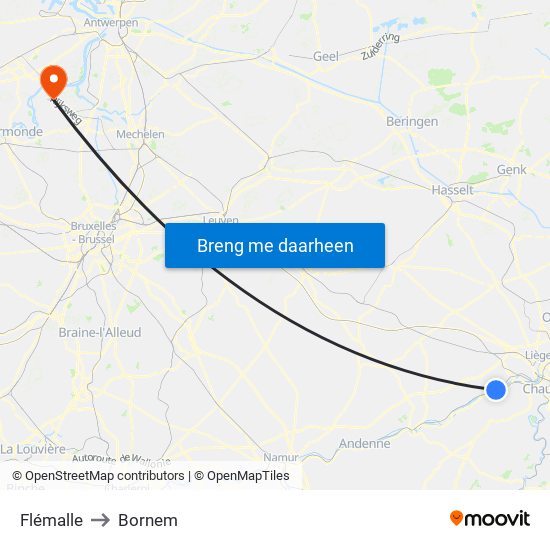 Flémalle to Bornem map