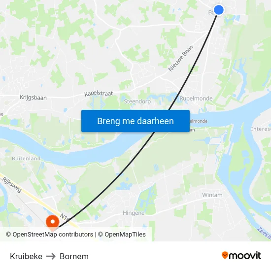 Kruibeke to Bornem map