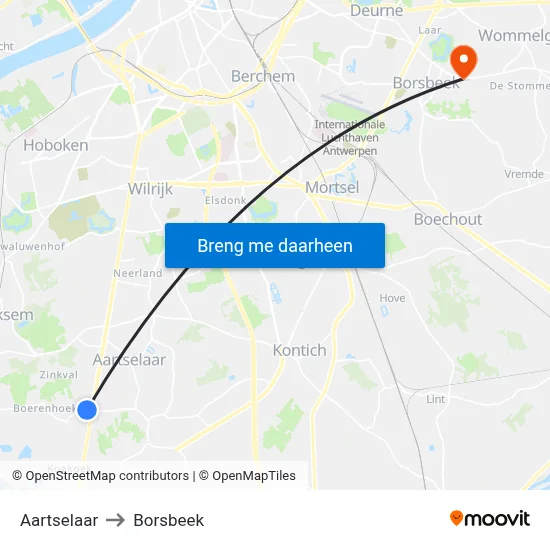 Aartselaar to Borsbeek map