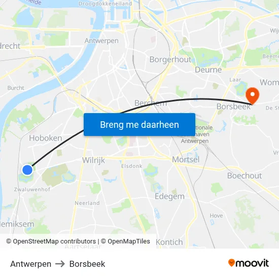 Antwerpen to Borsbeek map