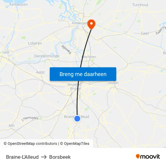 Braine-L'Alleud to Borsbeek map