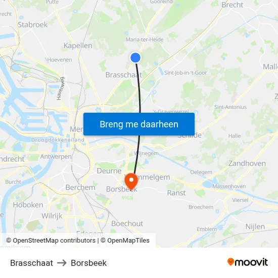 Brasschaat to Borsbeek map