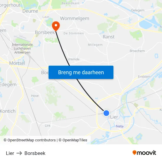 Lier to Borsbeek map