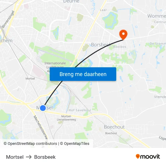 Mortsel to Borsbeek map