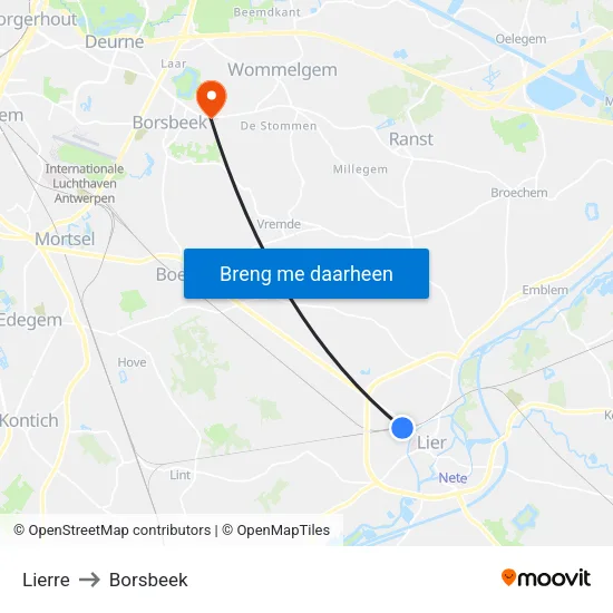 Lierre to Borsbeek map