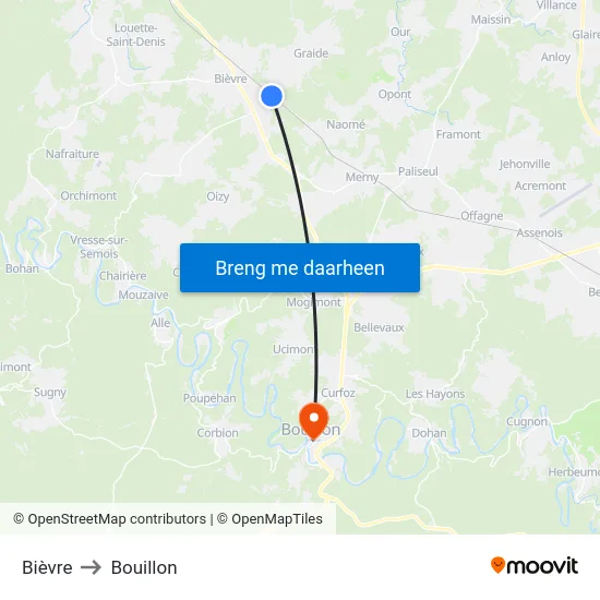 Bièvre to Bouillon map