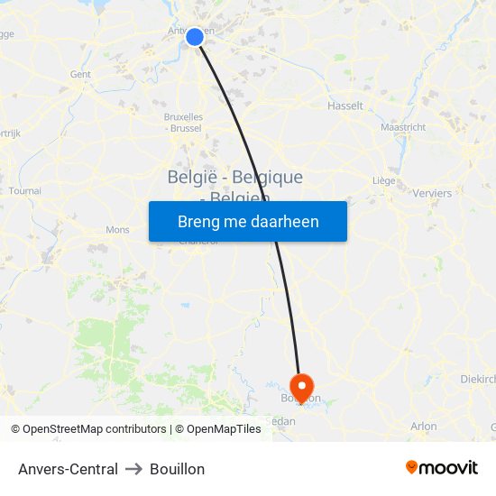 Anvers-Central to Bouillon map