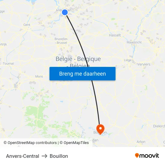 Anvers-Central to Bouillon map