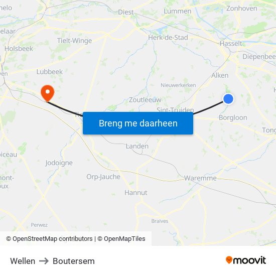 Wellen to Boutersem map