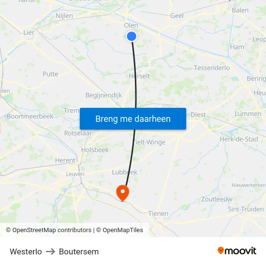 Westerlo to Boutersem map