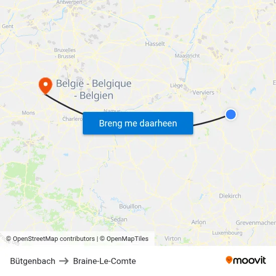 Bütgenbach to Braine-Le-Comte map
