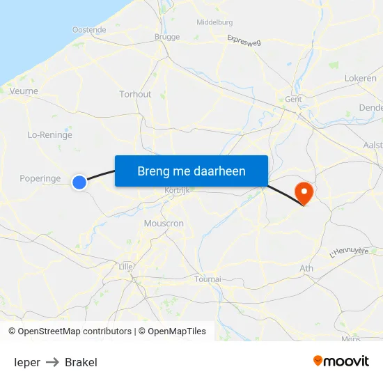 Ieper to Brakel map
