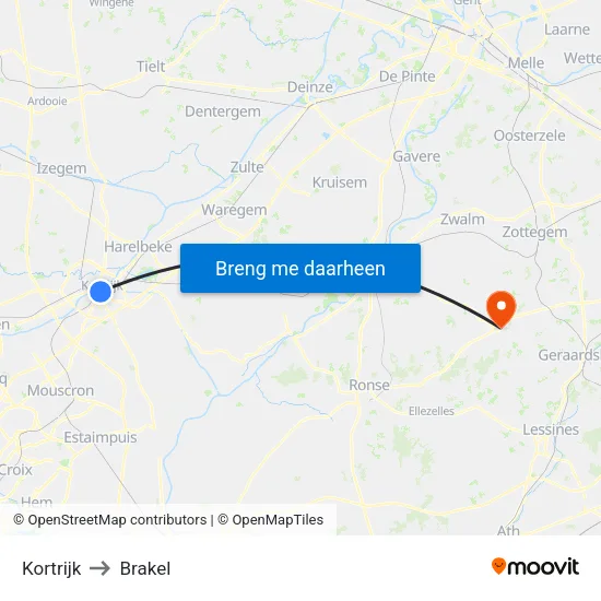 Kortrijk to Brakel map